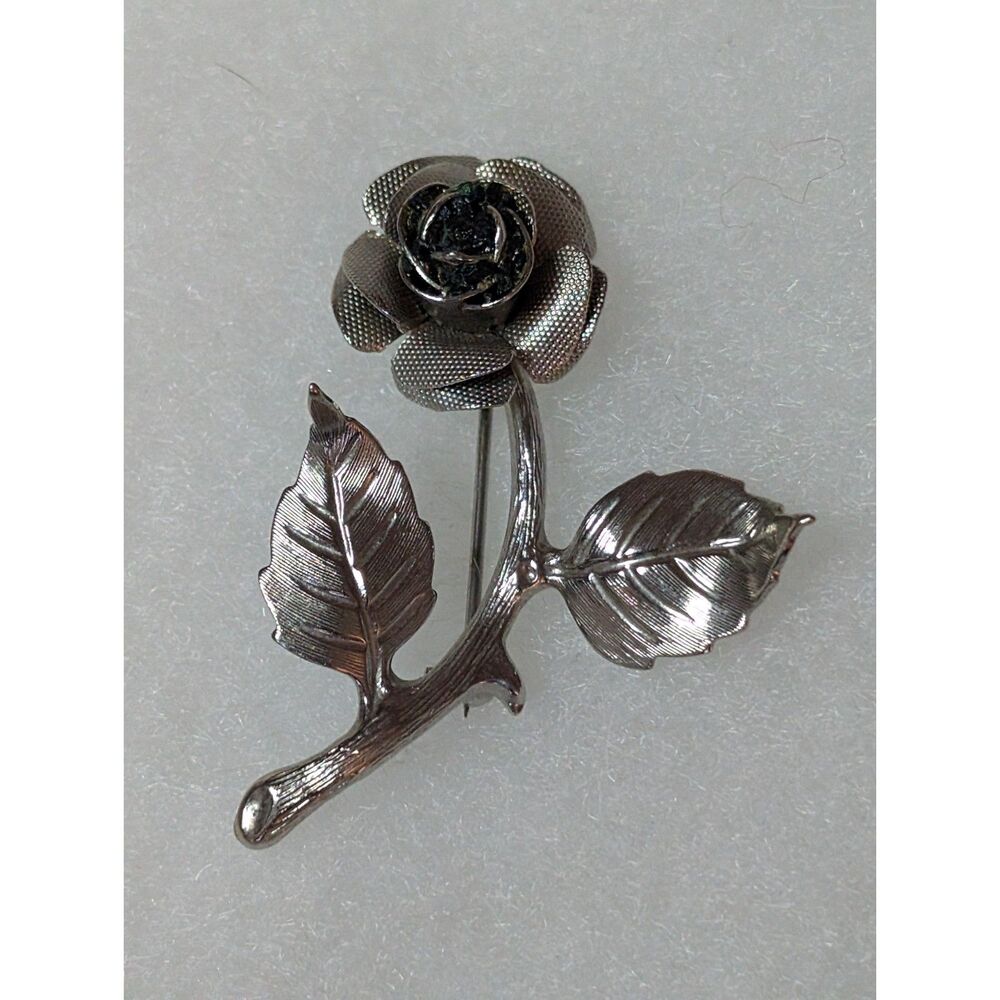VTG 1960s Textured Silver Tone Rose Bud Stem Brooch Pin
